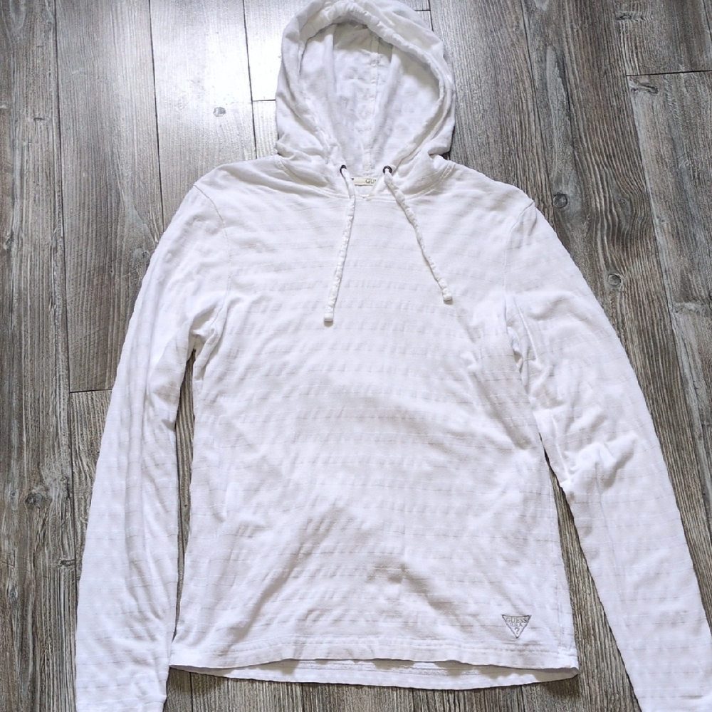 GUESS White Slub-Knit Cotton Long Sleeve Hoodie S